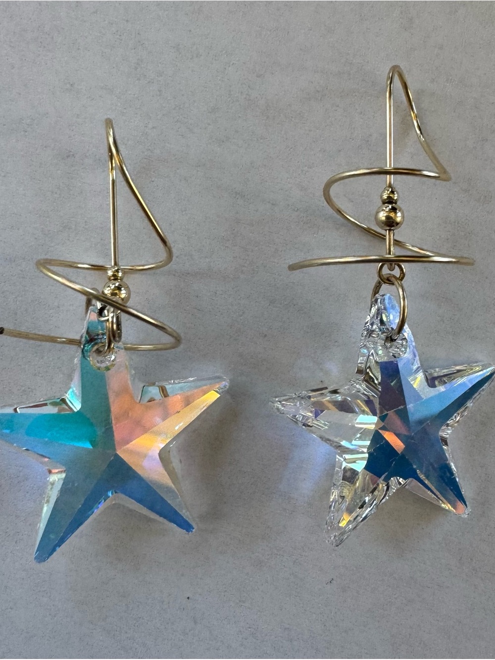 Crystal Star Spiral Drop Earrings - Gold Hooks - Iridescent Blue/Clear